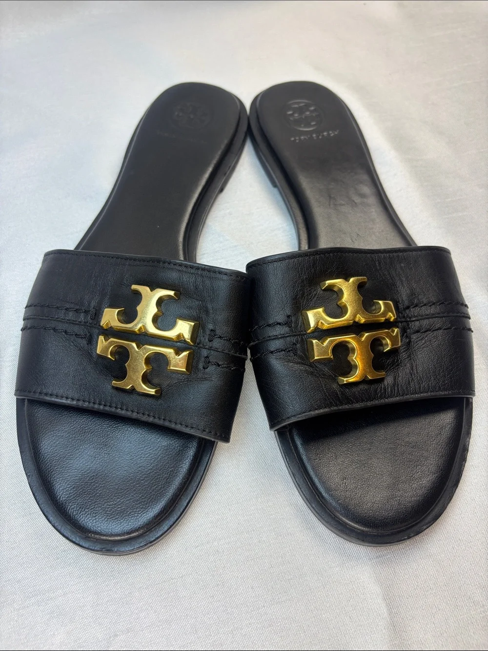 Tory Burch Black Leather Slides with Gold Double-T Emblem
